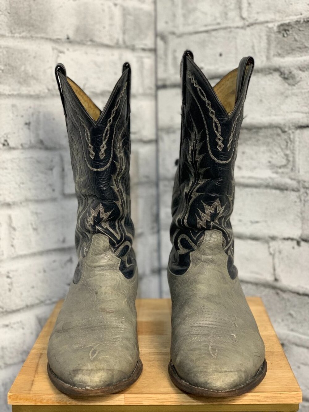 Vintage 90s Tony Lama Western Cowboy Boots Men 9.5 Gray Black Distressed Leather